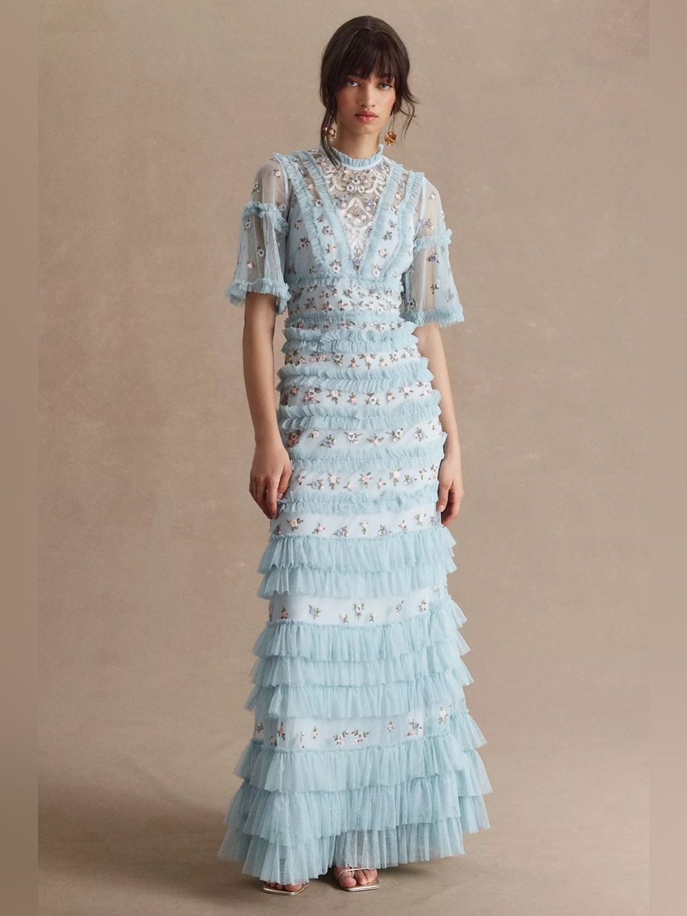 NEW! Mac Duggal High-Neck Ruffled Tiered Floral Gown Maxi Blue 10 5715